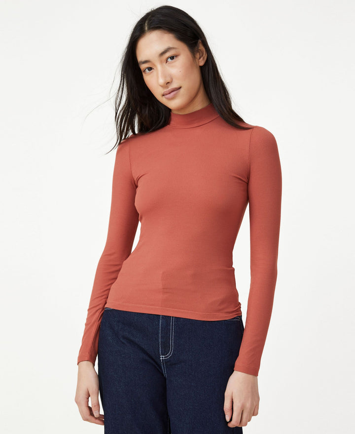 Women's Staple Rib Mock Neck Long Sleeve Top