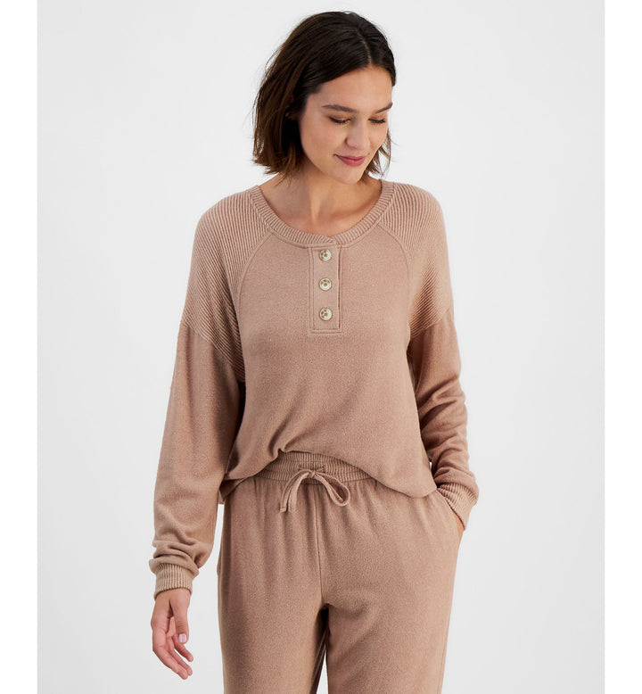 Juniors' Cozy Ribbed Trim Henley Top