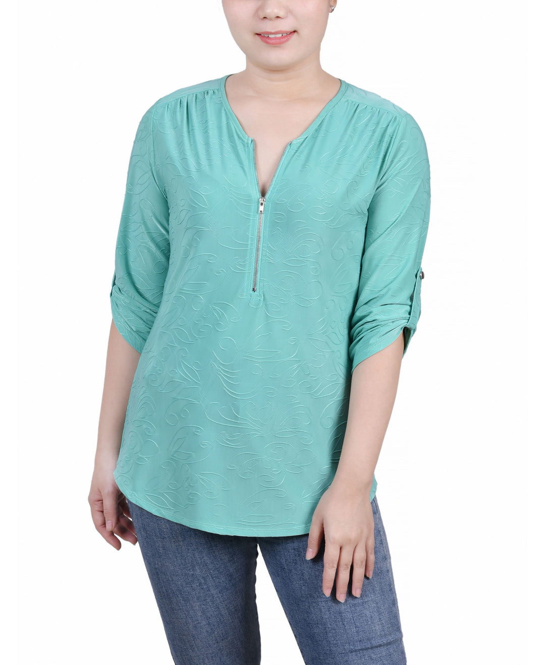 NY Collection Petite 3/4 Roll Tab Zip Front Jacquard Knit Top