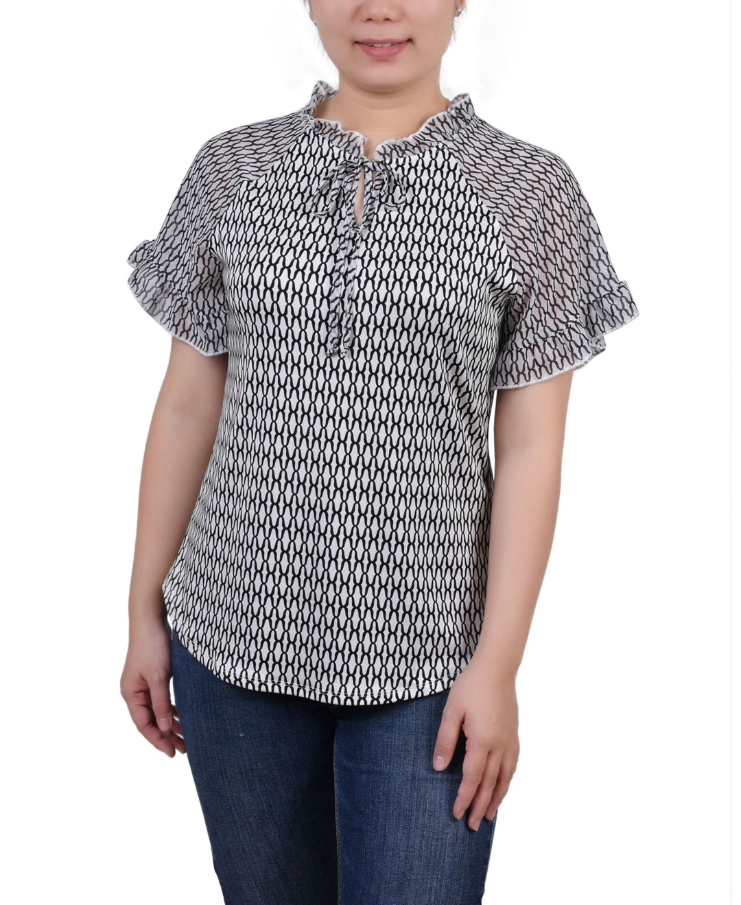 NY Collection Petite Chiffon Short Ruffled Sleeve Crepe Knit Top