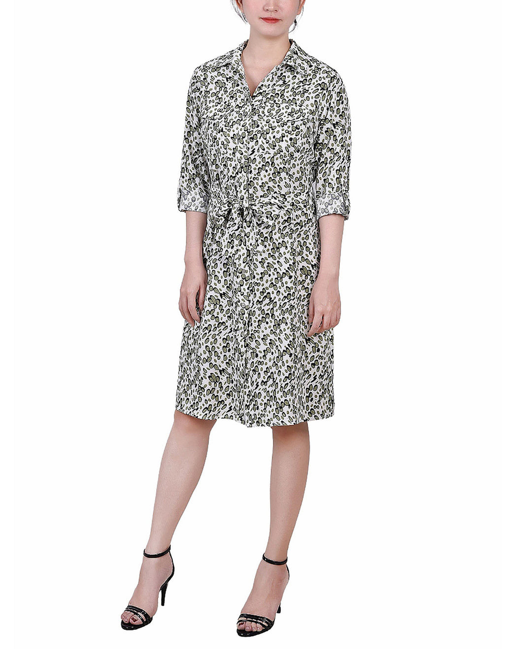 Petite Printed Long Sleeve Roll Tab Shirtdress