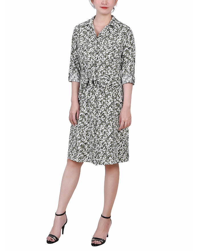 Petite Printed Long Sleeve Roll Tab Shirtdress