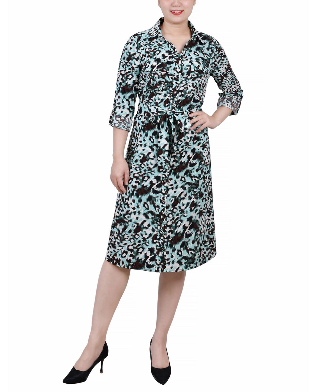 Petite Printed Long Sleeve Roll Tab Shirtdress