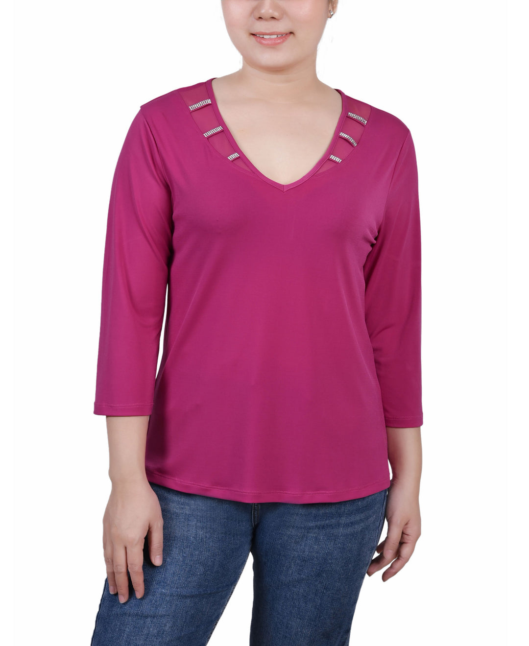 NY Collection Petite 3/4 Sleeve Top With Illusion Neckline Stones