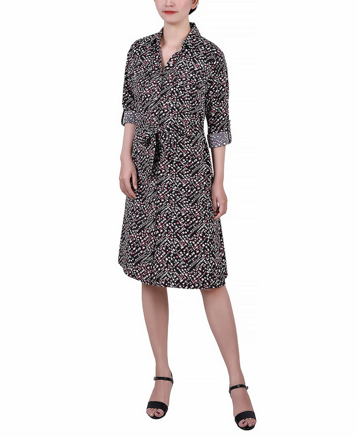 Petite Printed Long Sleeve Roll Tab Shirtdress