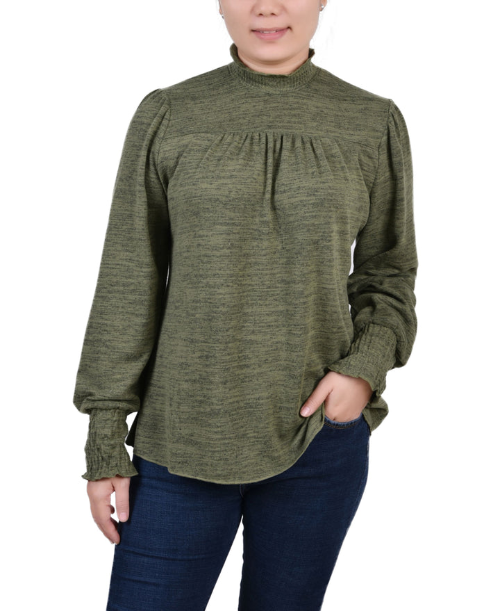 NY Collection Petite Long Sleeve With Smocking Details Top