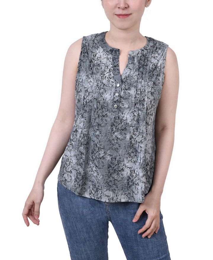 NY Collection Petite Sleeveless Jacquard Y Neck Top