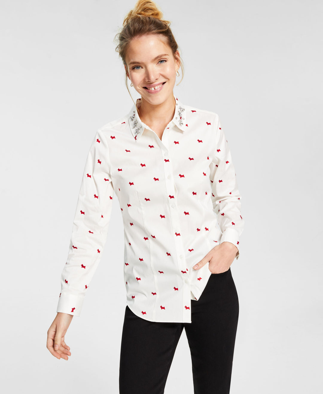 Charter Club Womens Dog Print Embellished Shirt