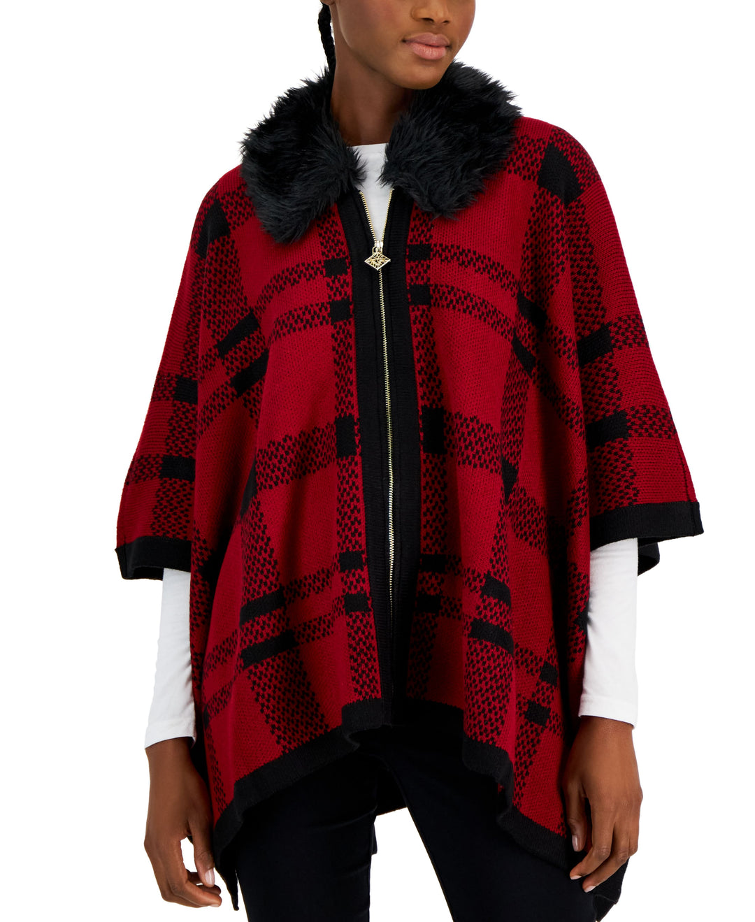 Petite Plaid Zip-Front Poncho With Faux-Fur Trim