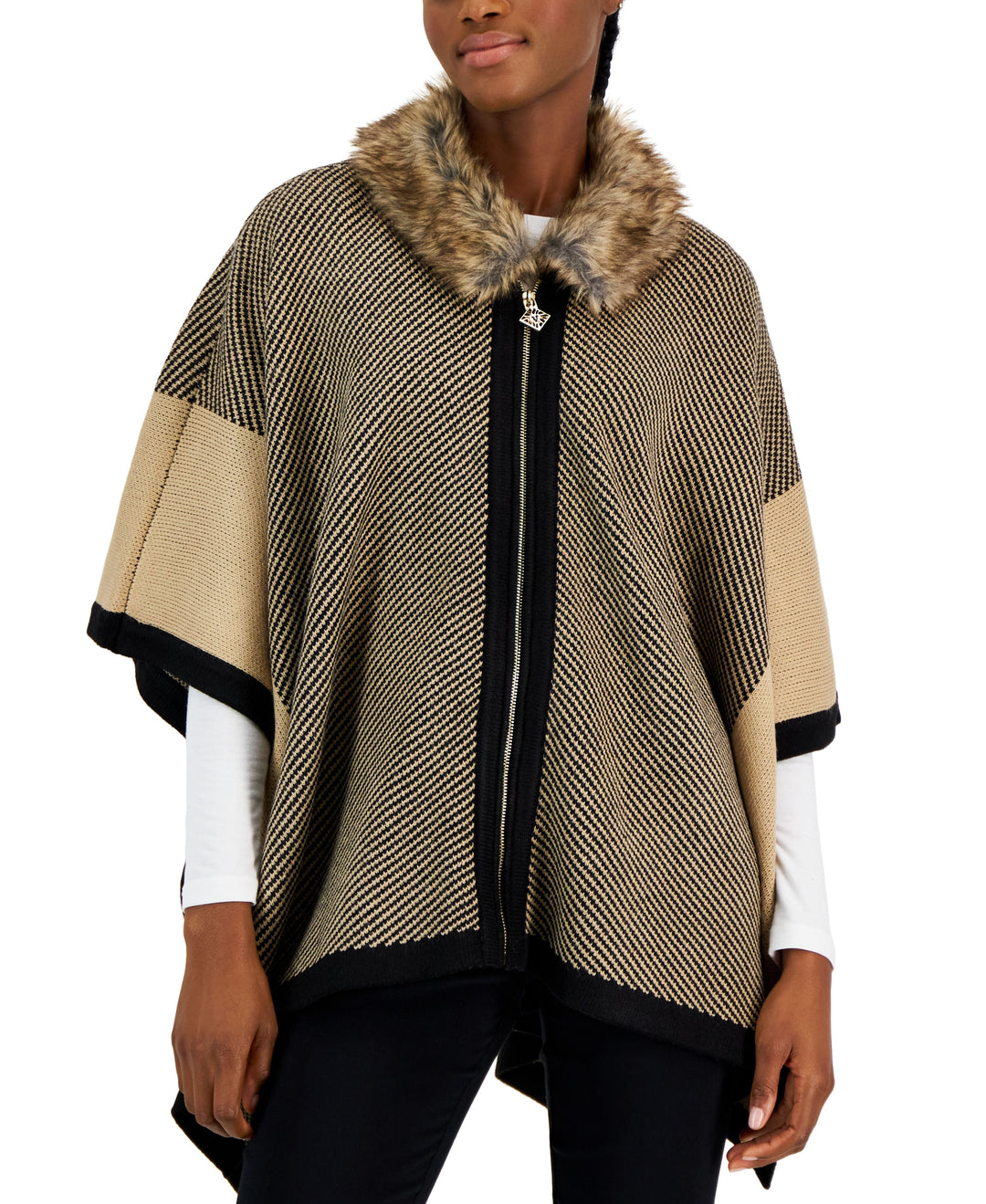 Petite Colorblocked Zip-Front Poncho With Faux-Fur Trim