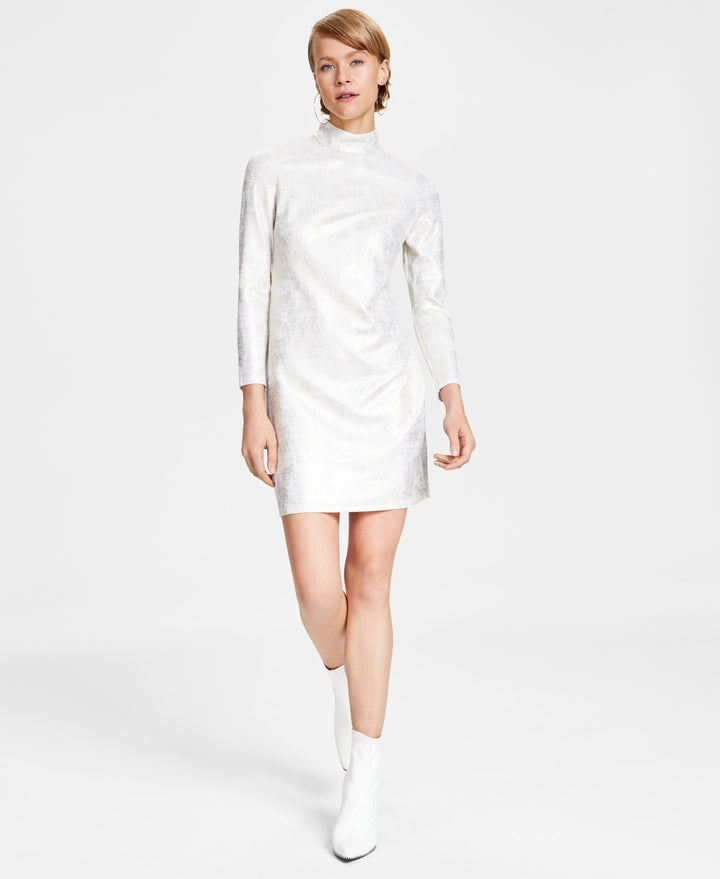 Women's Metallic Mock-Turtleneck Sheath Dress