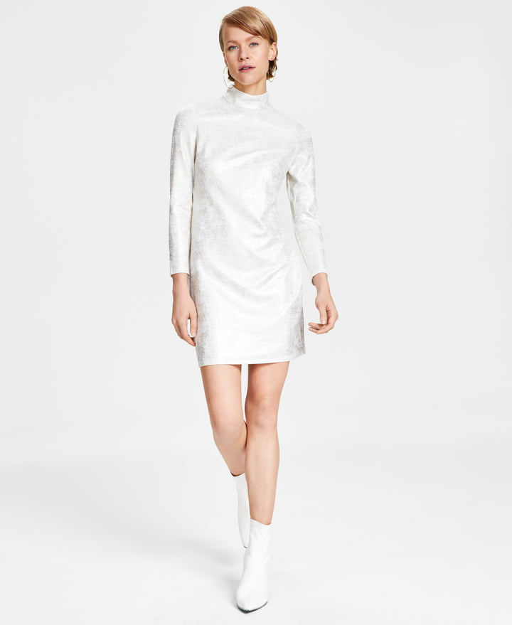 Women's Metallic Mock-Turtleneck Sheath Dress
