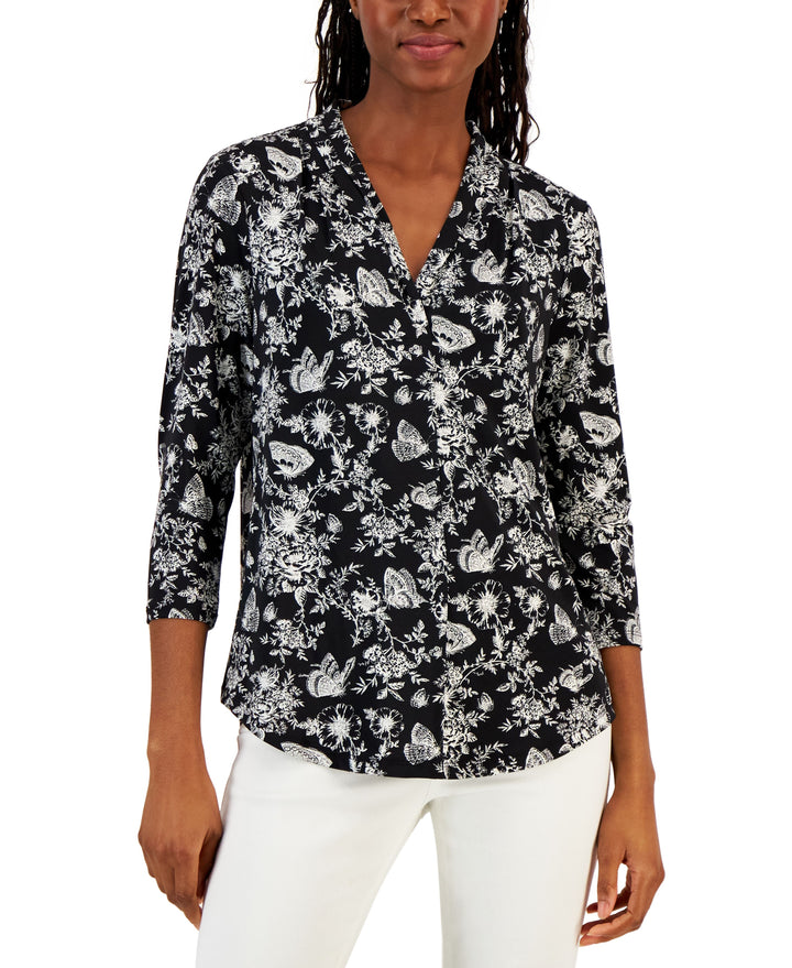 Charter Club Petite Illustration Floral Print V Neck Top