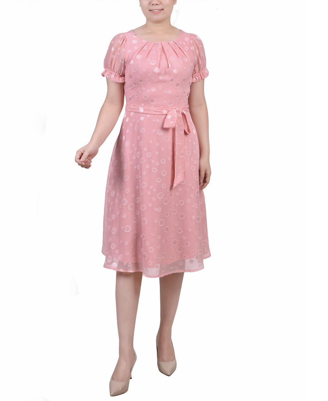 Petite Short Sleeve Belted Swiss Dot Dress