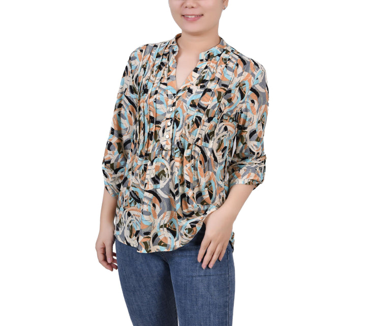 Petite 3/4 Roll Tab Sleeve Printed Pintuck Top