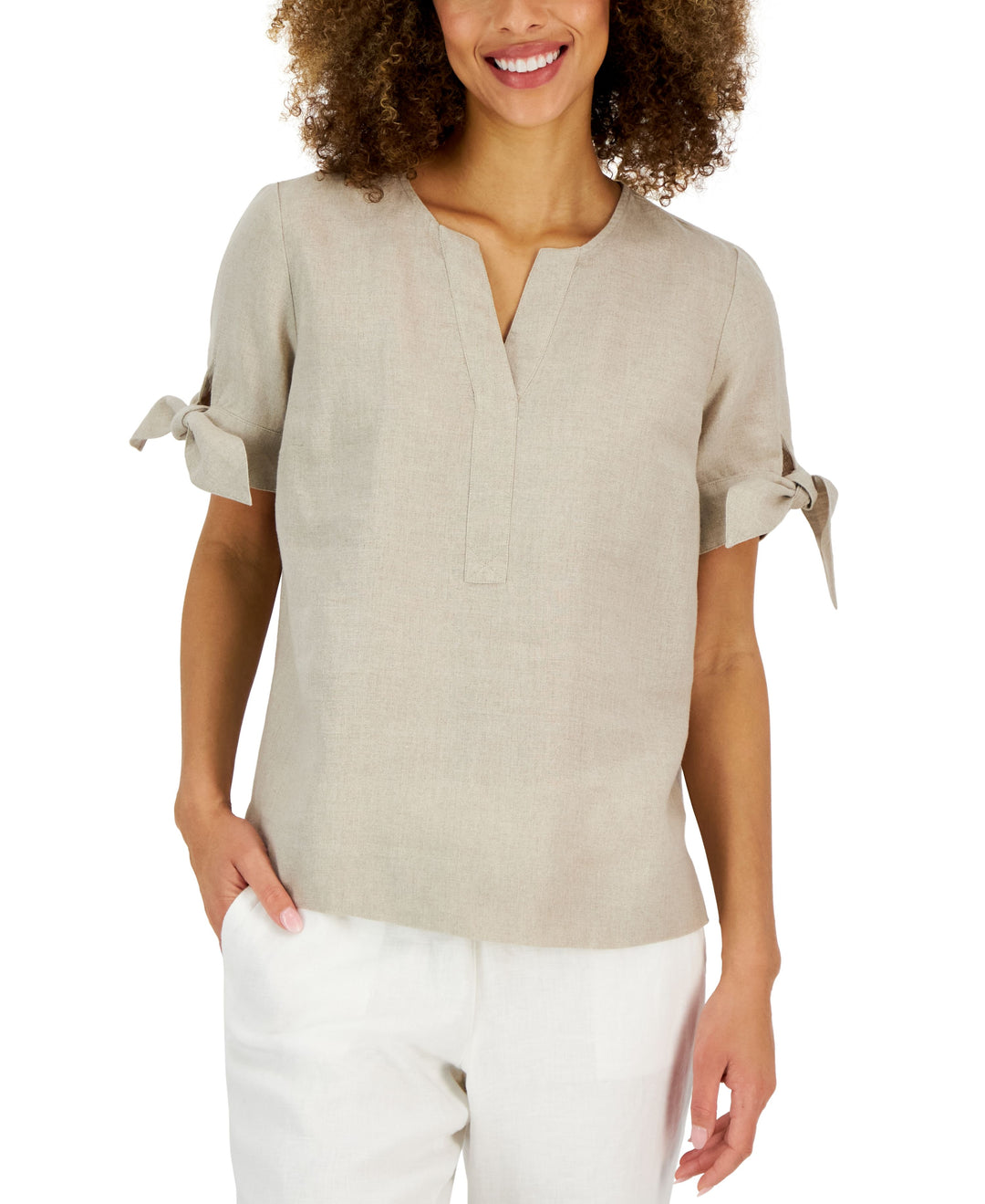 Charter Club Womens Linen Split Neck Tie Cuff Top