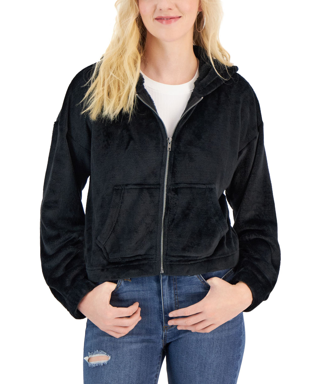 Juniors' Faux-Fur Zip-Front Hoodie