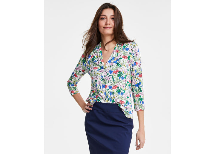Charter Club Petite Illustration Floral Print V Neck Top