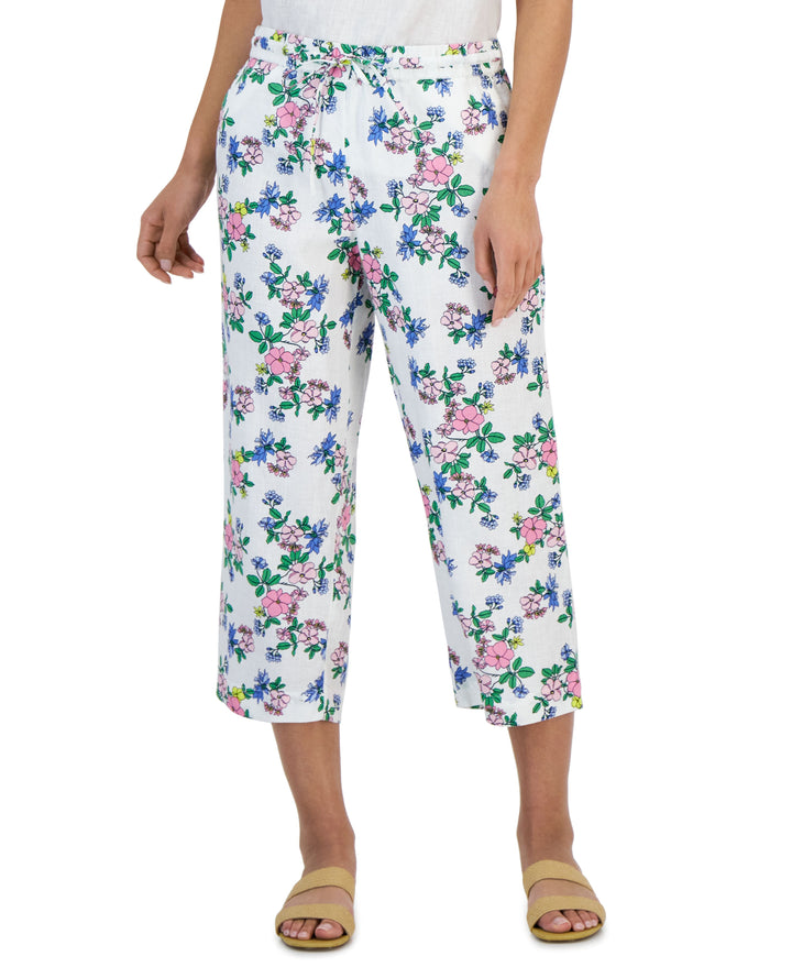 Petite Linen Floral-Print Cropped Pants