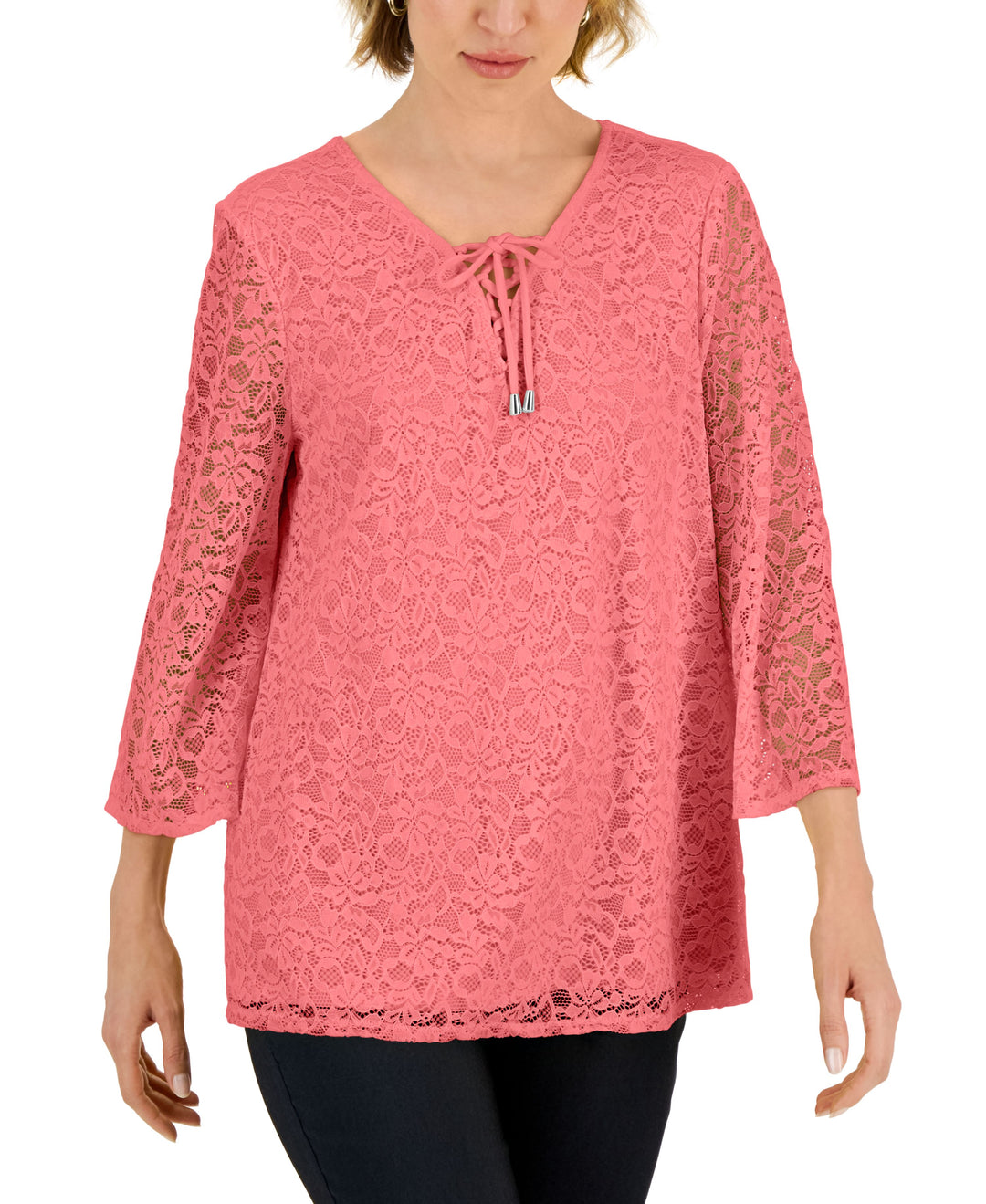 JM Collection Womens Lace Up Lace Top