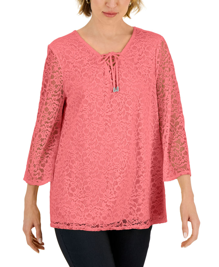 JM Collection Womens Lace Up Lace Top