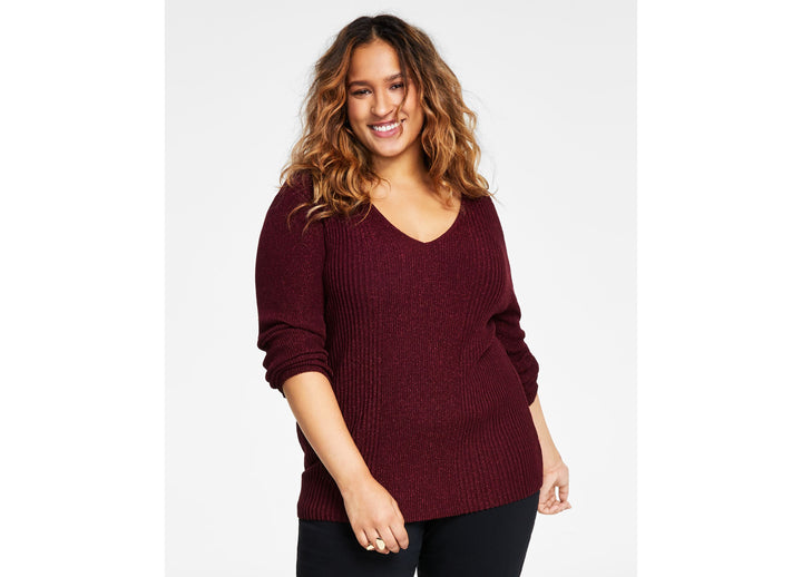 Alfani Plus Size Ribbed Shine V Neck Sweater