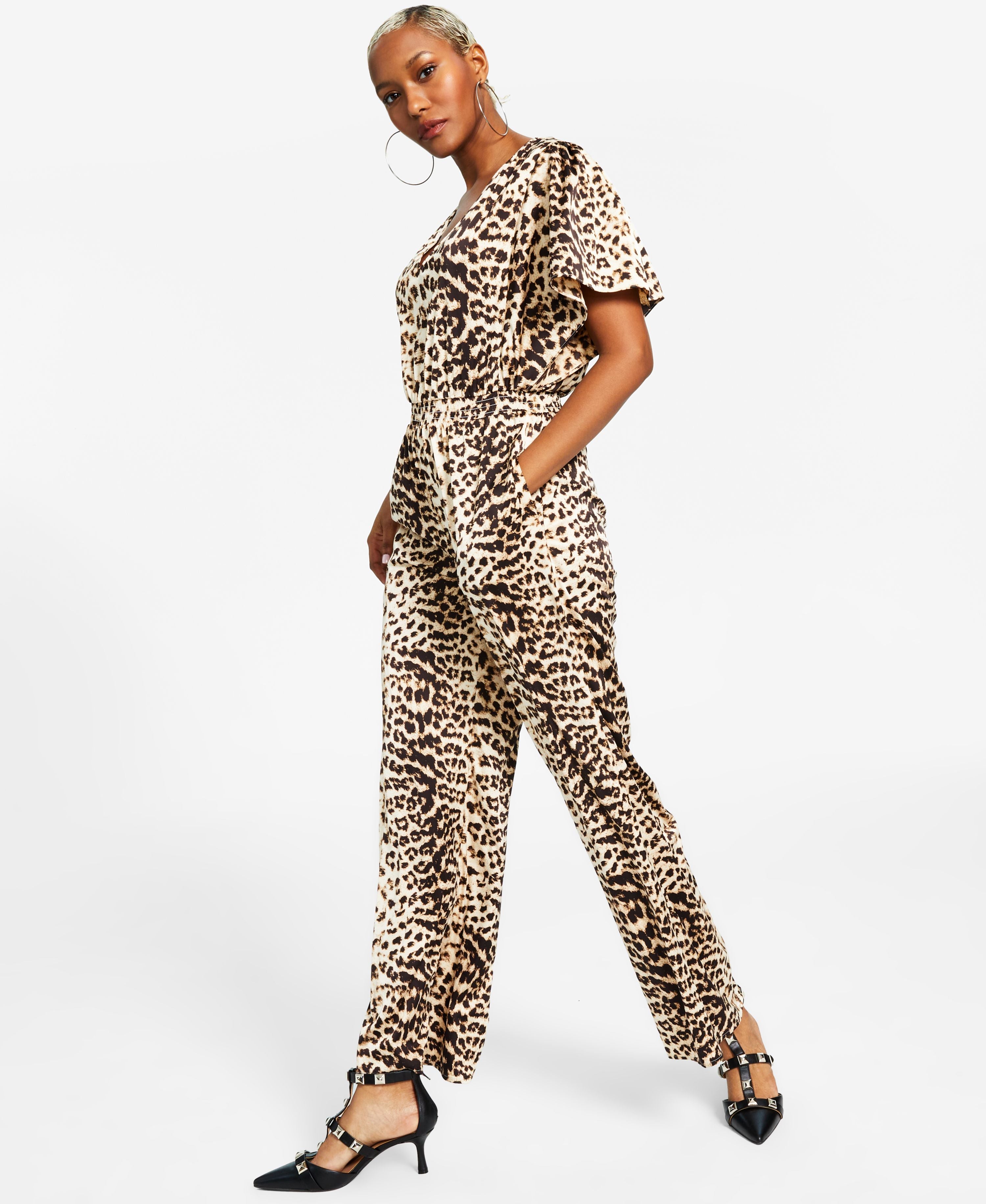 Women's Animal-Print Flutter-Sleeve Jumpsuit