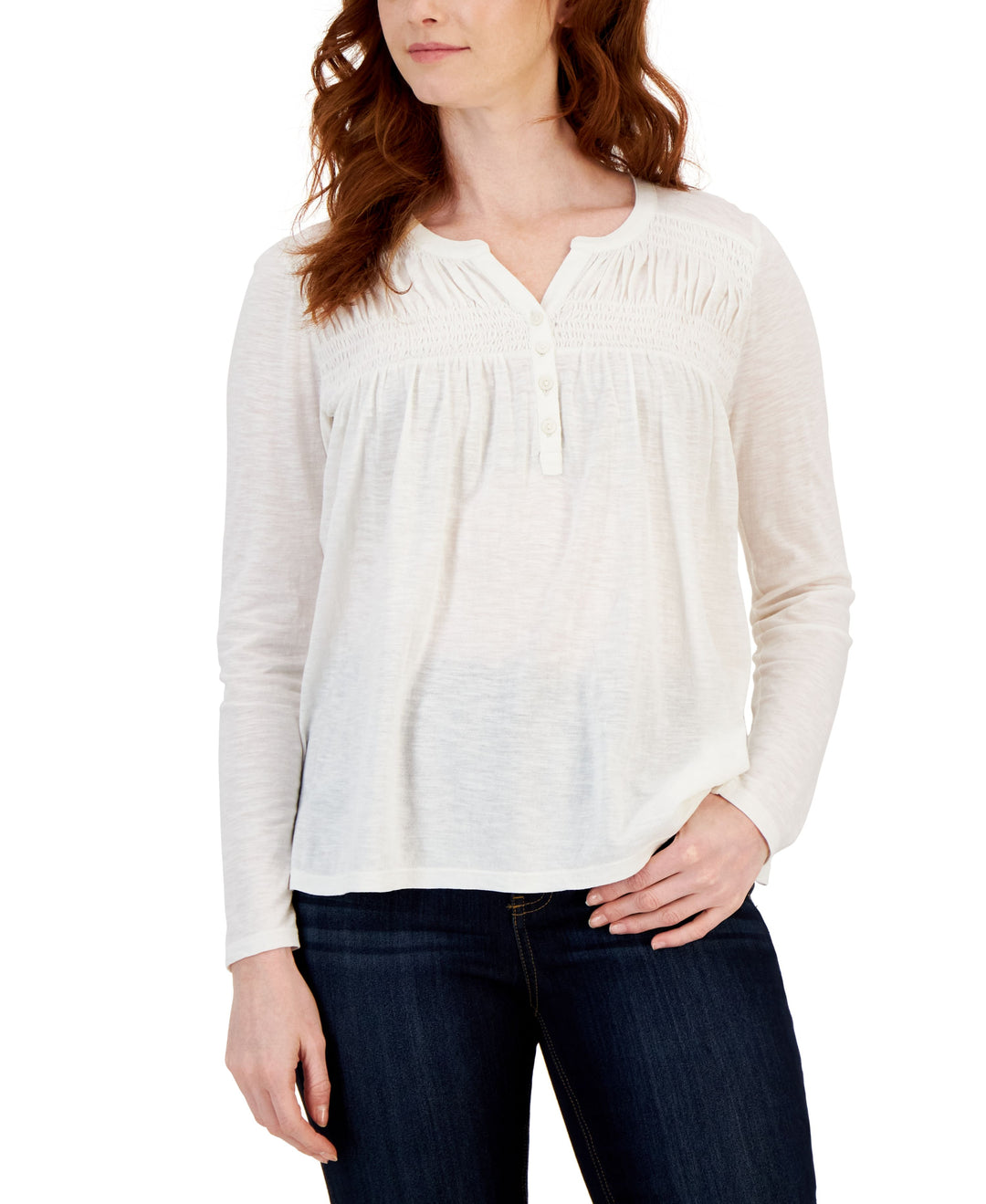 Style & Co Petite Knit Smocked Long Sleeve Top