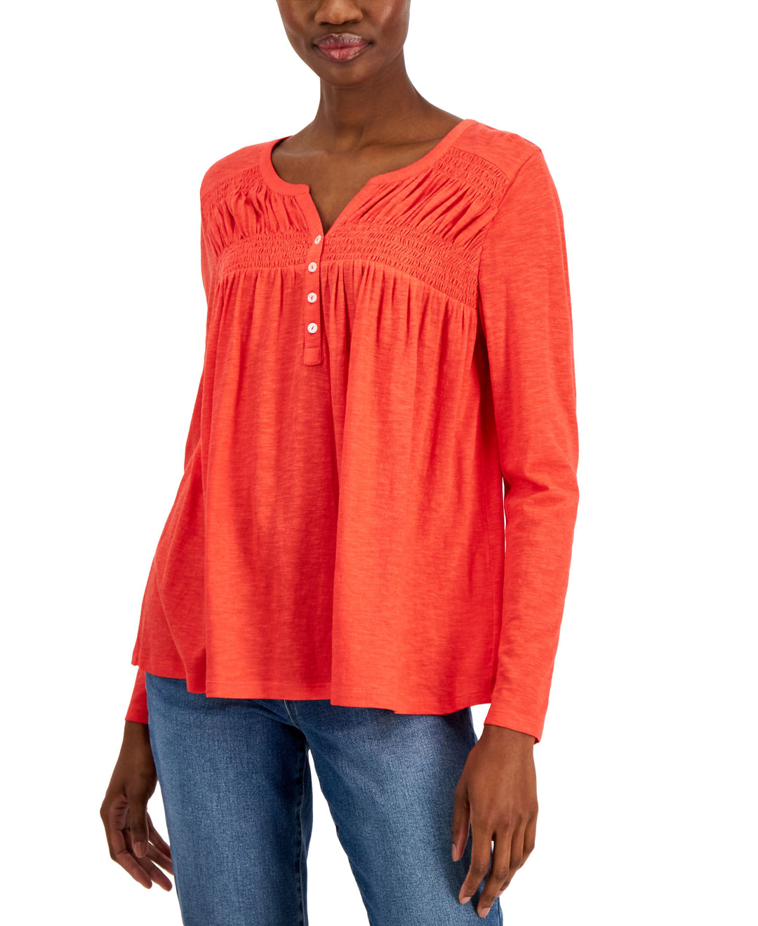 Style & Co Petite Knit Smocked Long Sleeve Top