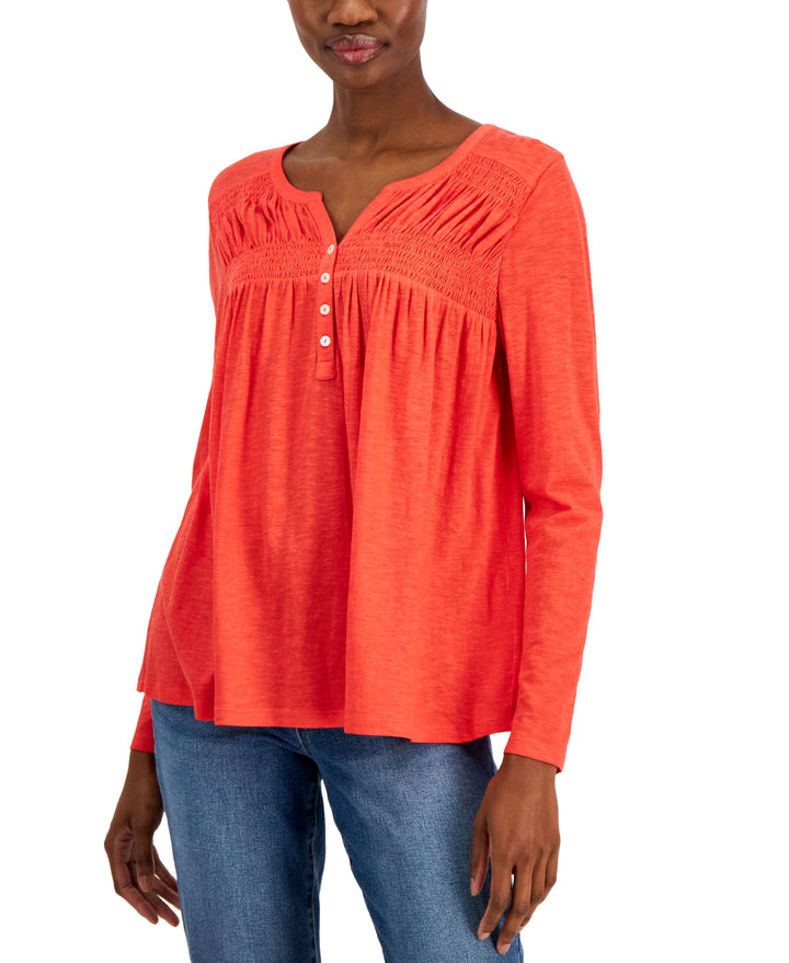 Style & Co Petite Knit Smocked Long Sleeve Top
