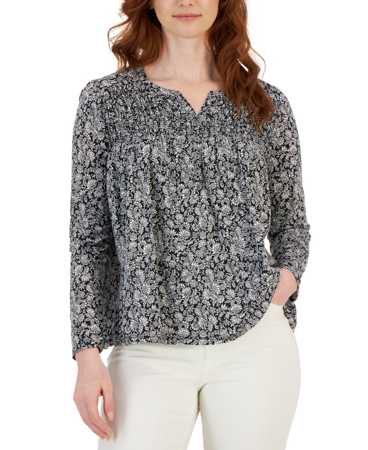 Style & Co Petite Knit Smocked Long Sleeve Top