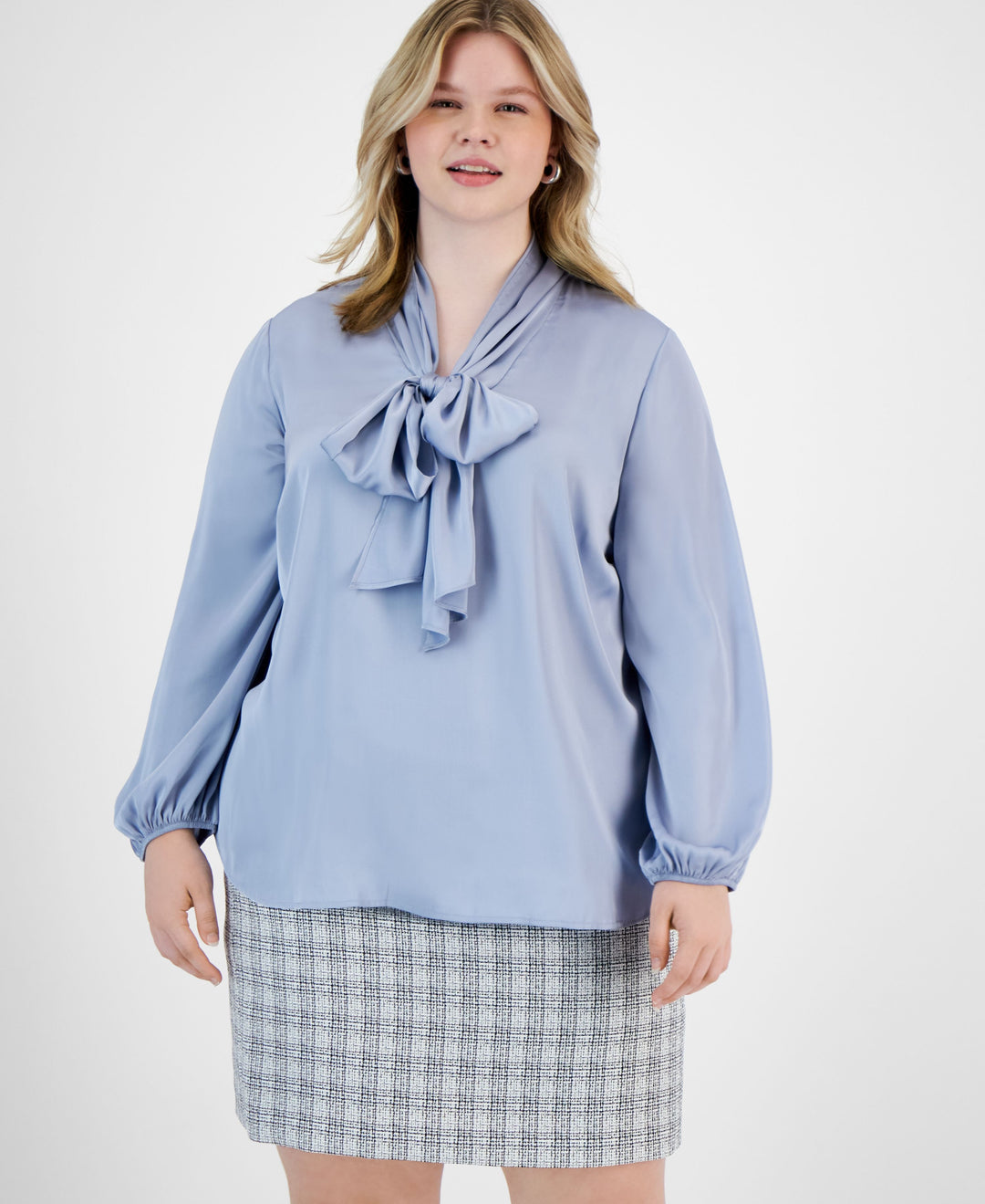Plus Size Bow-Tie Long-Sleeve Blouse