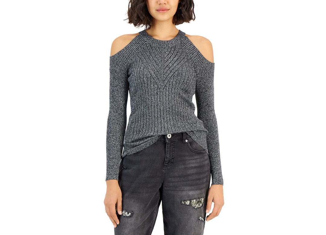 INC International Concepts Petite Cold Shoulder Metallic Knit Sweater