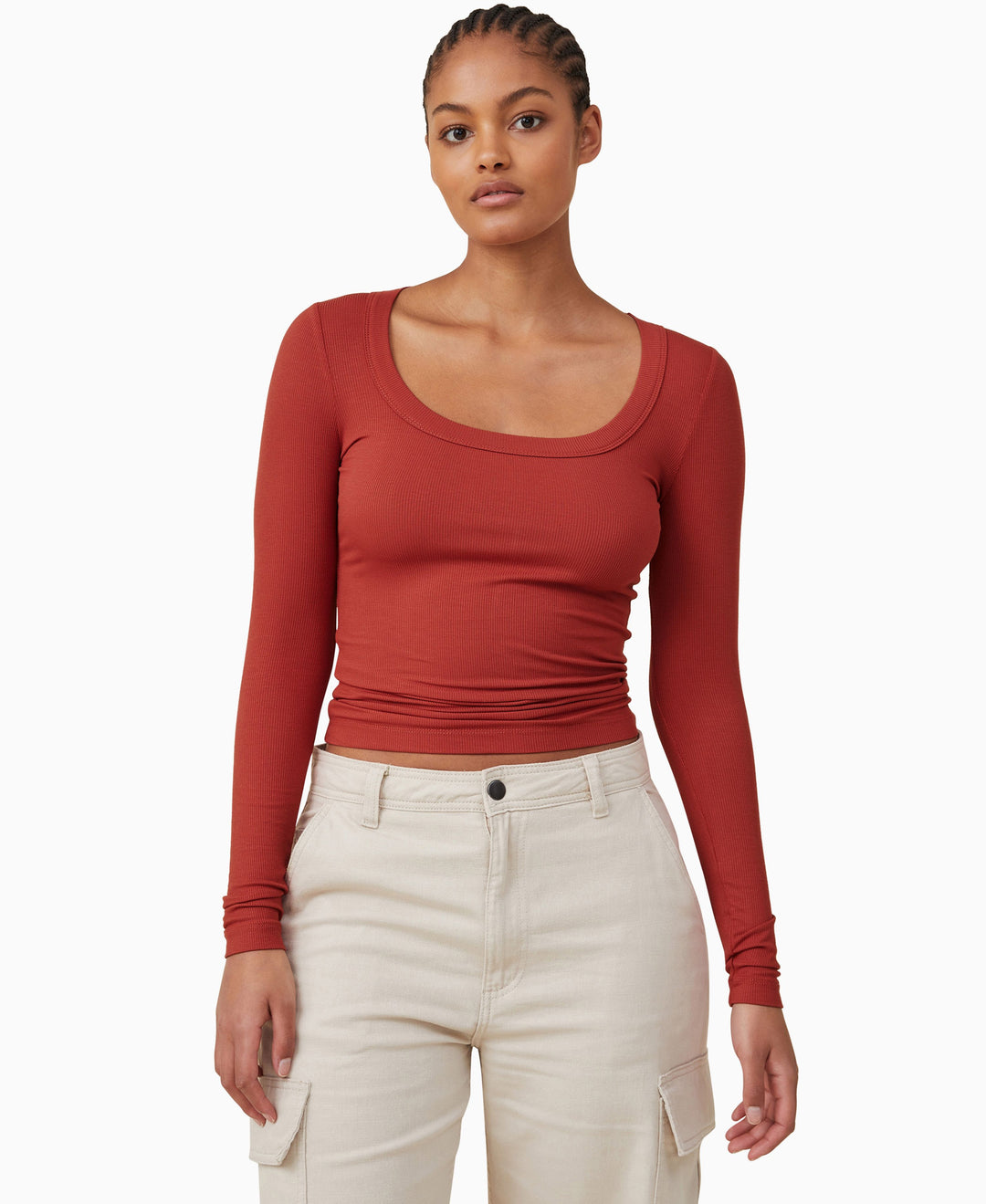 Women's Staple Rib Scoop Neck Long Sleeve Top