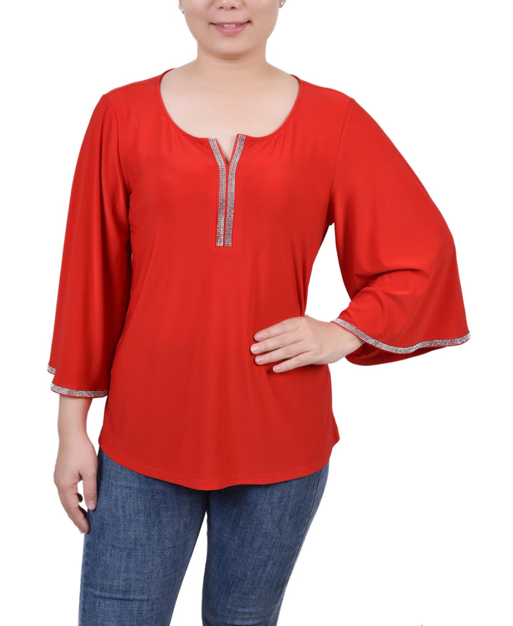 NY Collection Petite 3/4 Bell Sleeve Top With Stones