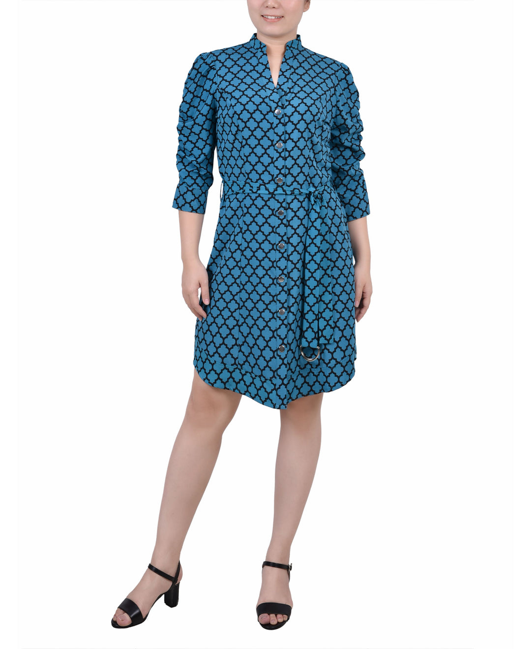 NY Collection Petite 3/4 Rouched Sleeve Dress With Belt