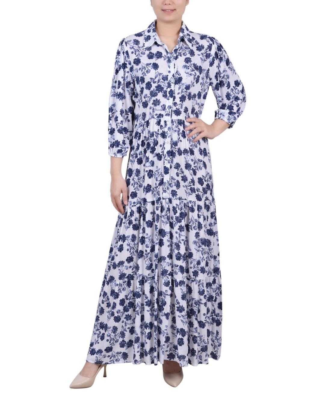 NY Collection Petite 3/4 Sleeve Crinkle Tiered Maxi Dress