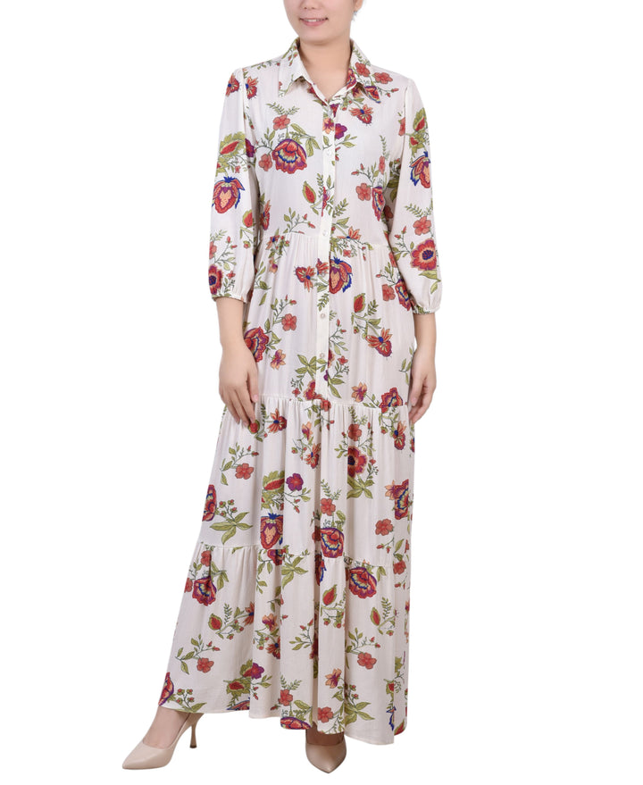 NY Collection Petite 3/4 Sleeve Crinkle Tiered Maxi Dress