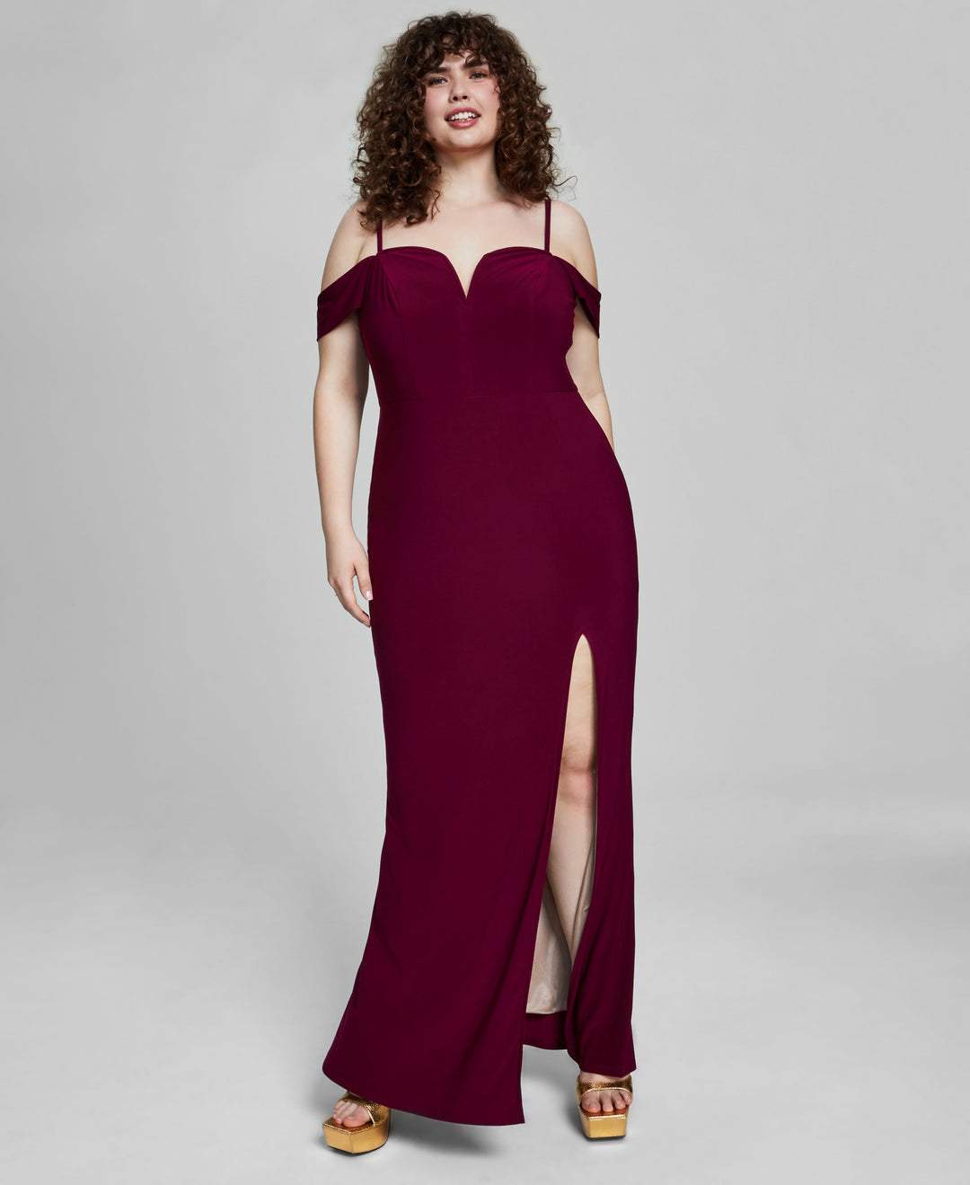 City Studios Trendy Plus Size Off The Shoulder Slit Gown