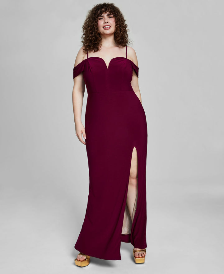 City Studios Trendy Plus Size Off The Shoulder Slit Gown