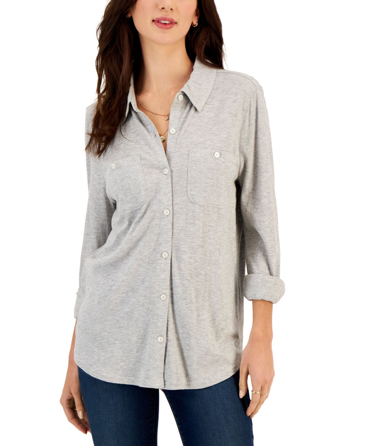 Style & Co Petite Button-Front Collared Knit Shirt