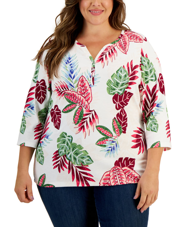 Rio Palm 3/4-Sleeve Henley Top