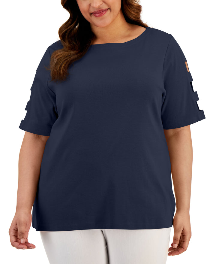 Plus Size Cotton Cutout-Sleeve Top
