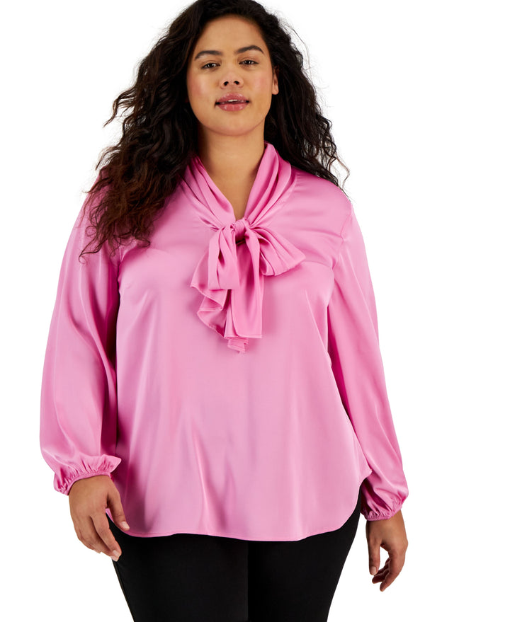 Plus Size Bow-Tie Long-Sleeve Blouse