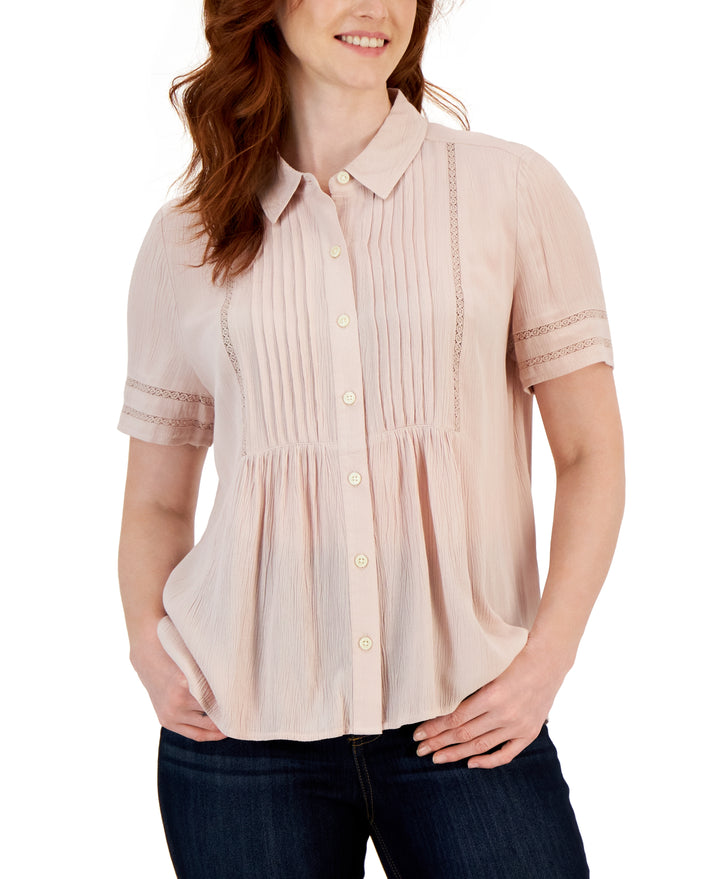Women's Pintuck Short-Sleeve Button-Front Shirt Mocha Rose S