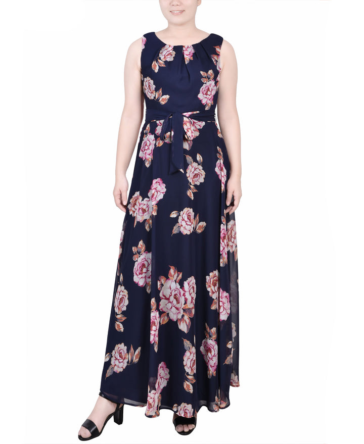 Petite Sleeveless Belted Chiffon Maxi Dress