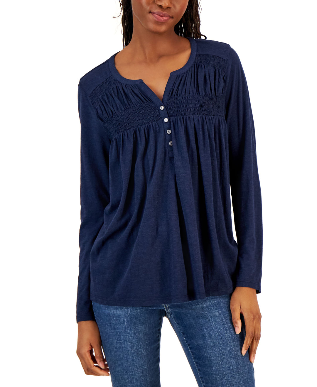 Style & Co Petite Knit Smocked Long Sleeve Top