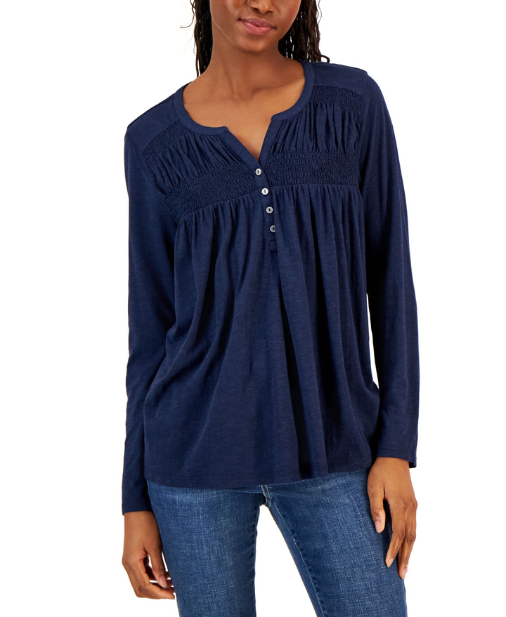 Style & Co Petite Knit Smocked Long Sleeve Top