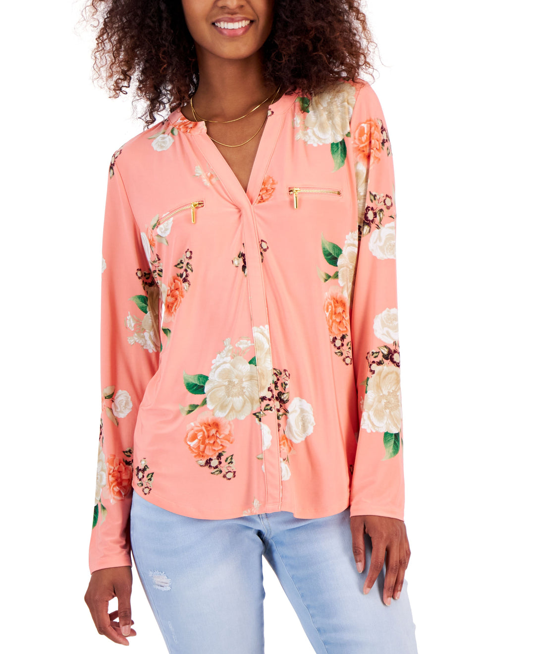 International Concepts Womens Print Zip Pocket Top In