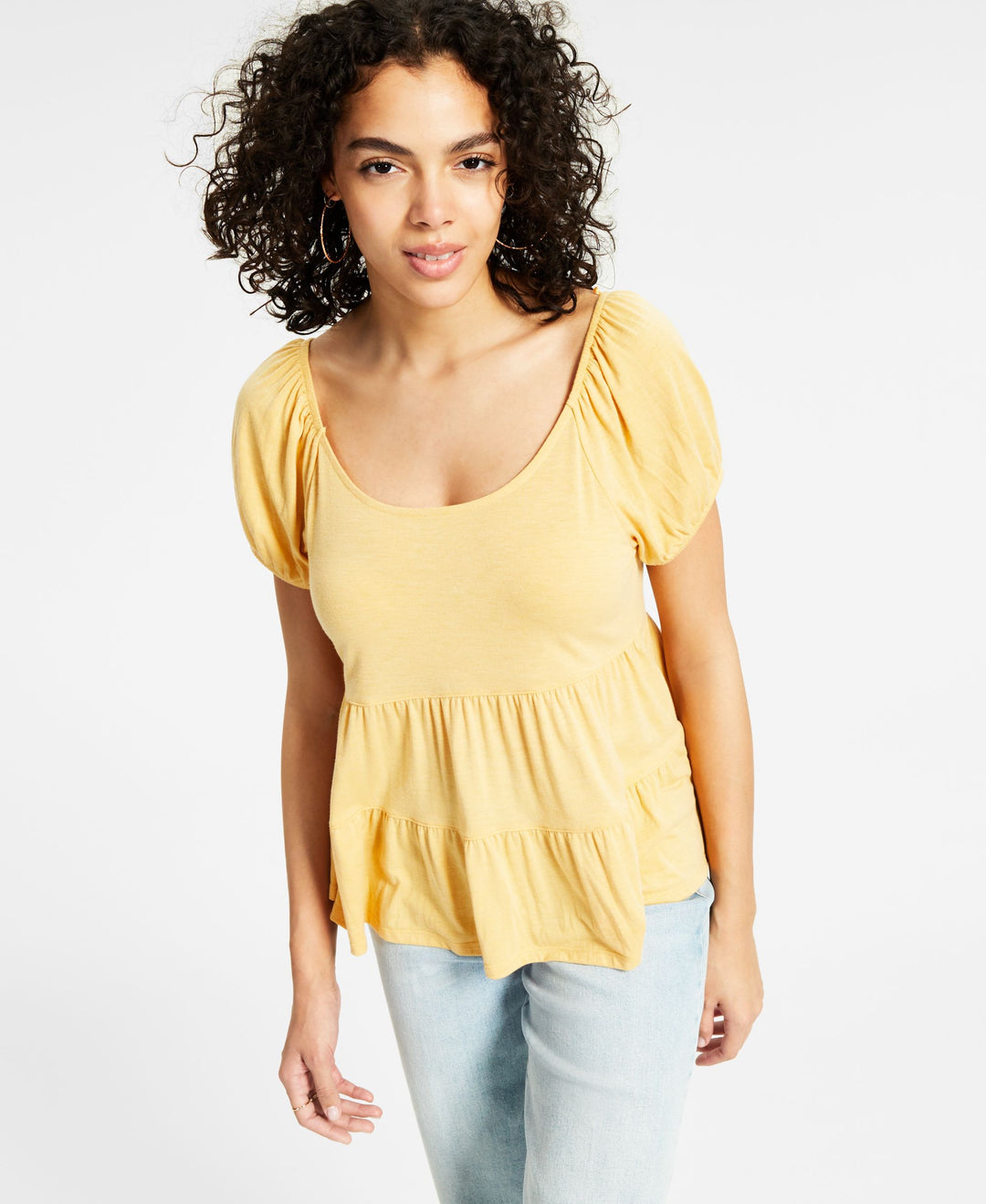 Juniors' Puffed-Sleeve Tiered Babydoll Top
